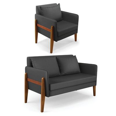 Kit 1 Sofá Namoradeira E 1 Poltrona Lana Corino Base De Madeira - D'rossi Cor Preto