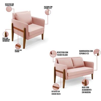 Kit 1 Sofá Namoradeira E 1 Poltrona Lana Veludo Base De Madeira - D'rossi Cor Rose