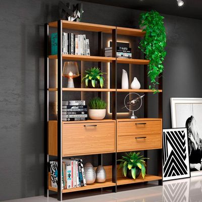 Kit 02 Estantes 5 Prateleiras 02 Gavetas 01 Porta Trend 185x73 cm Freijó Preto Fosco - Lyam Decor
