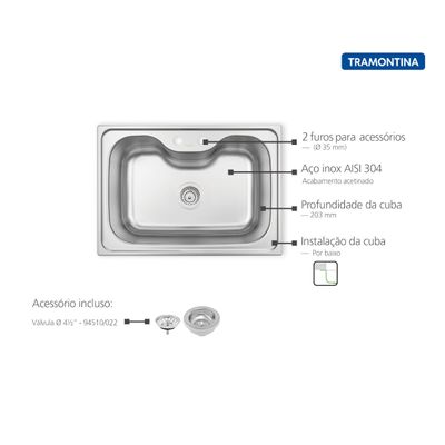 Cuba Morgana Tramontina Undermount 69x49 cm Aço Inox Acetinado