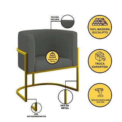 Kit Sofá 2 Lugares + 2 Poltronas Recepção Veludo Dourado Cinza