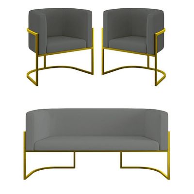 Kit Sofá 2 Lugares + 2 Poltronas Recepção Veludo Dourado Cinza