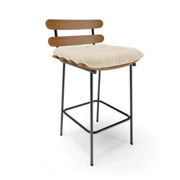 Banqueta Costela Linho Base Metálica Preto Cor A19 Bege Banqueta Costela Linho Base Metálica Preto Cor A19 Bege