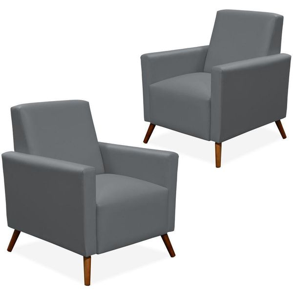 Kit 02 Poltronas Decorativas Para Sala de Estar Pés Palito Liz P02 Corino Cinza - Lyam Decor