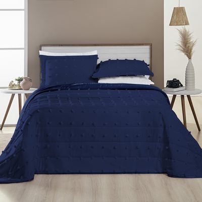 Kit Cobre Leito Colcha Alexa Pompom King Dupla Face Micropercal 3 Peças - Azul Marinho
