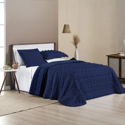 Kit Cobre Leito Colcha Alexa Pompom King Dupla Face Micropercal 3 Peças - Azul Marinho