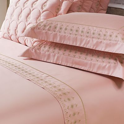Jogo Cama Lençol Garland Queen Bordado 100% Algodão Acetinado 400 Fios 4 Peças - Rosê e Fendi