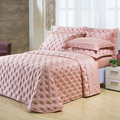 Kit Cobre Leito Colcha Garland Super King 100% Algodão 400 Fios Acetinado Bordado 5 Peças - Rosê e Fendi