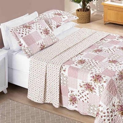 Kit Colcha Ayla Casal King Tecido Dupla Face Microfibra 03 Peças - Rosa Floral Matura