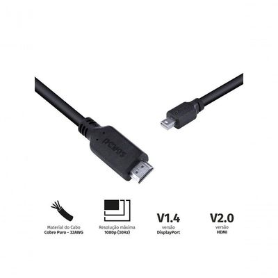 Cabo Mini Displayport Macho Para Hdmi 2.0 Macho 2 Metros - Pmdph-2