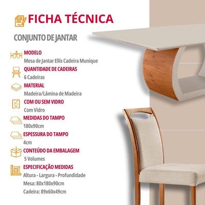 Mesa Zeus 180cm Tampo Com Vidro Laqueado Com 6 Cadeiras Linho Off White Imbuia Natural