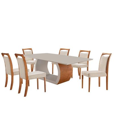 Mesa Zeus 180cm Tampo Com Vidro Laqueado Com 6 Cadeiras Linho Off White Imbuia Natural