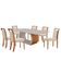 Mesa Zeus 180cm Tampo Com Vidro Laqueado Com 6 Cadeiras Linho Off White Imbuia Natural