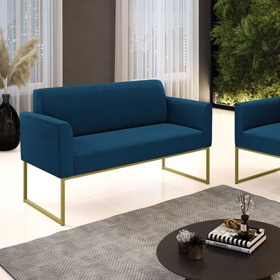 Sofá 2 Lugares Namoradeira Industrial Dourado Marisa Bouclê Azul D03 - D'Rossi