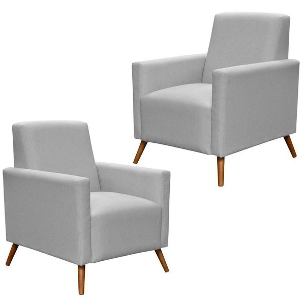 Kit 02 Poltronas Decorativas Para Sala de Estar Pés Palito Liz P02 Linho Cinza - Lyam Decor