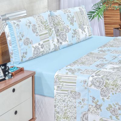 Jogo Cama Lençol Fiore King Estampado 180 Fios 100% Algodão com Babadinho 4 Peças Azul Floral