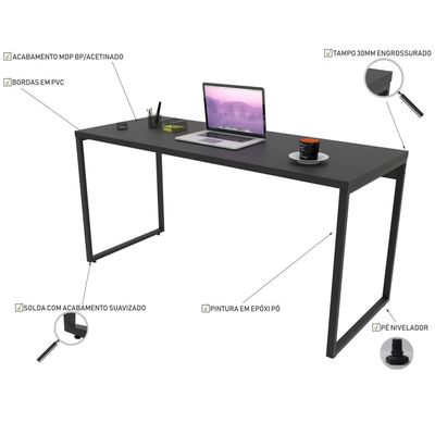 Kit Mesa Para Escritório com Estante Office Estilo Industrial Form C01 150 cm Preto Onix - Lyam Decor