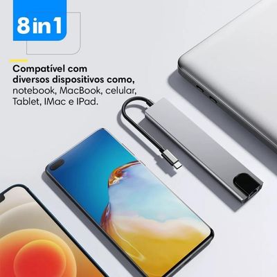 Hub Dock Station Usb Type-C  10Gbps 8X1 Hdmi 4k Lan Usb 3.0 Leitor SD