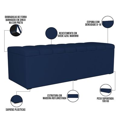 Kit Cabeceira Cama Box Casal Queen 160cm Calçadeira Baú Dália W01 Suede Azul Marinho - Lyam Decor