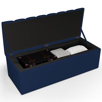 Kit Cabeceira Cama Box Casal Queen 160cm Calçadeira Baú Dália W01 Suede Azul Marinho - Lyam Decor