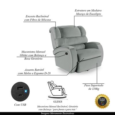 Poltrona do Papai Sala de Cinema Reclinável Kylie Glider Manual Giratória USB PU Cinza G23