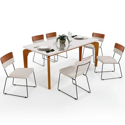 Mesa Capri 160 cm Off White Com 6 Cadeiras Allana B05 Faixa Couríssimo Camel Linho Cru - Lyam Decor
