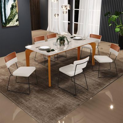 Mesa Capri 160 cm Off White Com 6 Cadeiras Allana B05 Faixa Couríssimo Camel Linho Cru - Lyam Decor