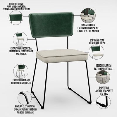 Mesa Capri 160cm Off White E 6 Cadeiras Allana B05 Facto Verde Musgo Linho Champagne - Lyam Decor