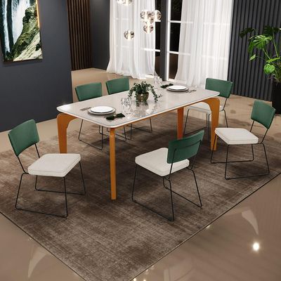 Mesa Capri 160cm Off White E 6 Cadeiras Allana B05 Facto Verde Musgo Linho Champagne - Lyam Decor