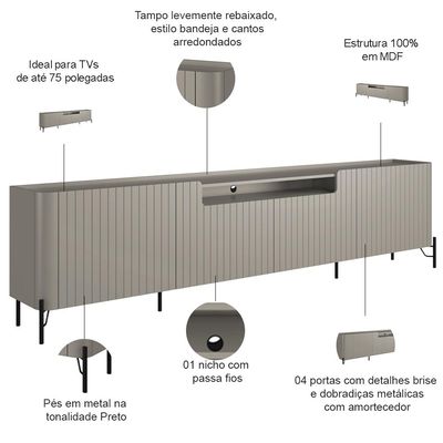 Rack Para Sala de Estar TV 75 Pol 4 Portas Brise Pés Industrial Preto Alef I03 Grigio - Lyam Decor