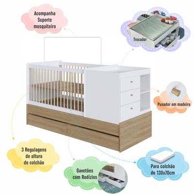 Berço Cama com Cômoda e Gavetões Aveiro e Branco Completa Móveis