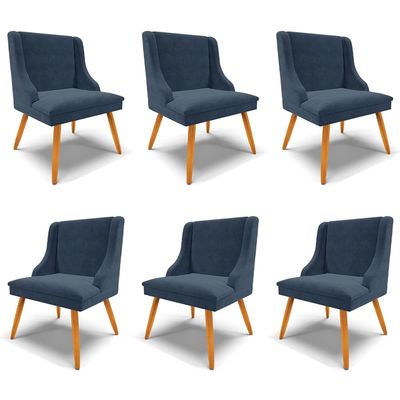 Kit 6 Cadeiras Decorativas Sala de Jantar Pés Palito de Madeira Firenze Suede Azul Marinho/Natural G19 - Gran Belo