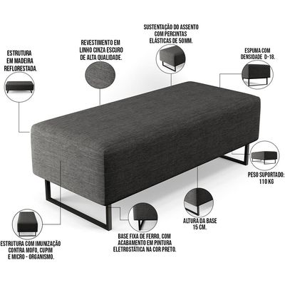 Puff Decorativo Sala de Estar Bali W01 Base Ferro 120x50 cm Linho Cinza Escuro - Lyam Decor
