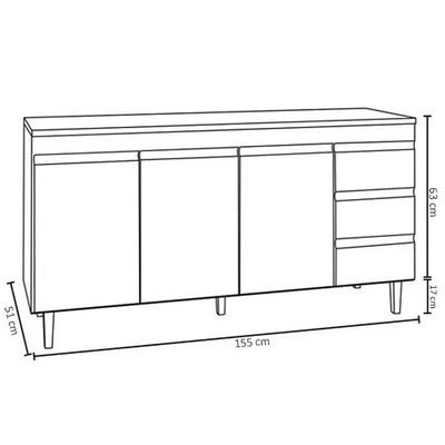 Balcão Gabinete 160cm Cozinha 3 Portas Andreia S-t Ajl Preto