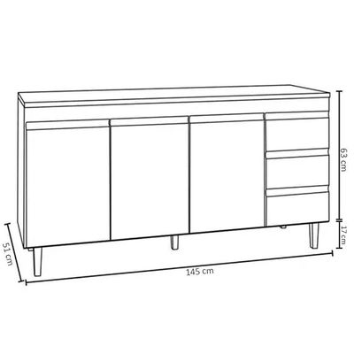 Balcão Gabinete Cozinha Andreia 3 Portas 150cm S-t Ajl Cinza