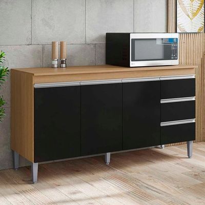 Balcão Gabinete Cozinha Andreia 3 Portas 150cm S-t Ajl Amêndoa Preto