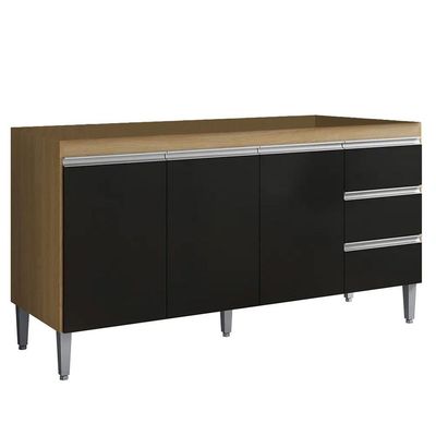 Balcão Gabinete Cozinha Andreia 3 Portas 150cm S-t Ajl Amêndoa Preto