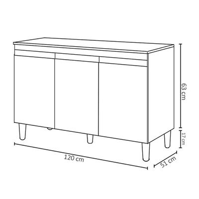Balcão Gabinete Cozinha 120cm Manu 3 Portas Sem Tampo Ajl