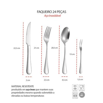 Talheres Mesa Faqueiro Aço Inox e Garfinhos Petiscos 24un