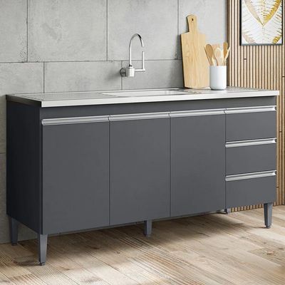 Balcão Gabinete 160cm Cozinha 3 Portas Andreia S-t Ajl Cinza
