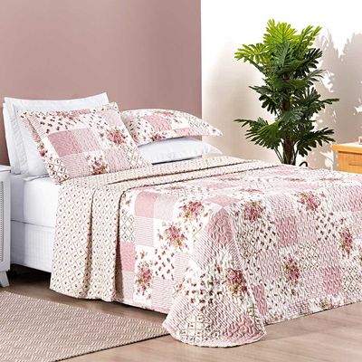 Kit Cobre Leito Colcha Dallas Casal Padrão Dupla Face Estampada 3 Peças - Rosa Matura Patchwork