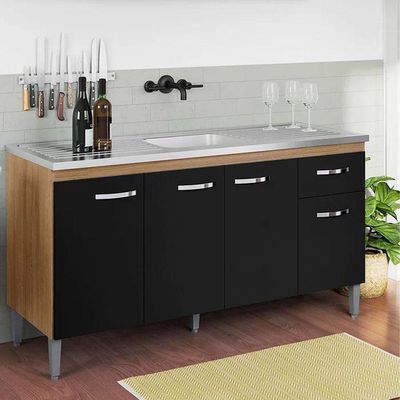 Balcão Cozinha Gabriela 3 Porta 150cm S-t Ajl Amêndoa Preto