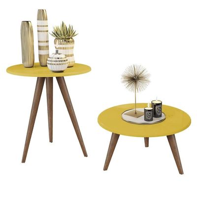 Conjunto 2 Mesas Retrô Natália - Pés Palito Lateral Apoio Mdf Mdp Amarelo - J3 Móveis