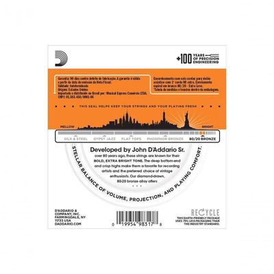 Encordoamento Para Violão Aço Ej10-b 80/20 Bronze