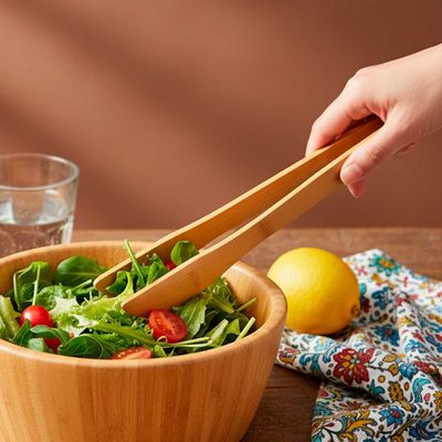 Tigela Bowl Saladeira e Pegador 30cm Pinça Bambu Natural