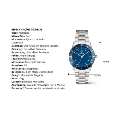 Relógio Masculino Azul Elegante Casual Analógico New Port