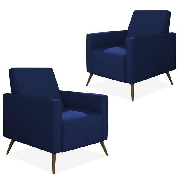 Kit 02 Poltronas Decorativas Para Sala de Estar Pés Palito Liz P02 Suede Azul Marinho - Lyam Decor