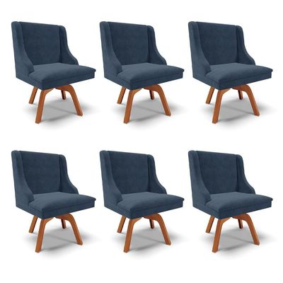 Kit 6 Cadeiras Decorativas Sala de Jantar Base Giratória de Madeira Firenze Suede Azul Marinho/Natural G19 - Gran Belo