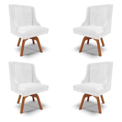Kit 4 Cadeiras Decorativas Sala de Jantar Base Giratória de Madeira Firenze PU Branco Brilho/Natural G19 - Gran Belo