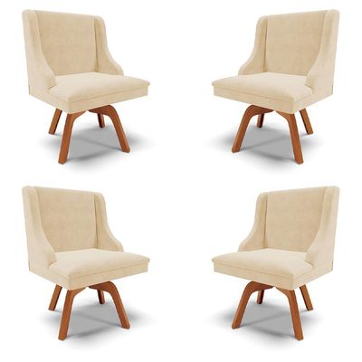 Kit 4 Cadeiras Decorativas Sala de Jantar Base Giratória de Madeira Firenze Suede Bege/Natural G19 - Gran Belo